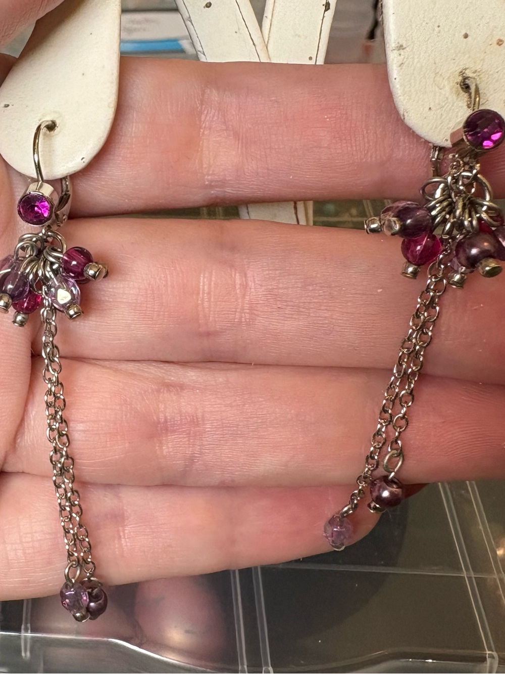 Purple Bead Cluster Drop Earrings with Silver Tone Accents